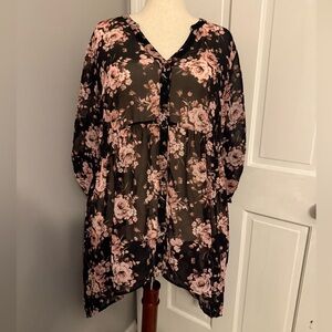 Torrid Floral High-Low Tunic Top in Black and Pink